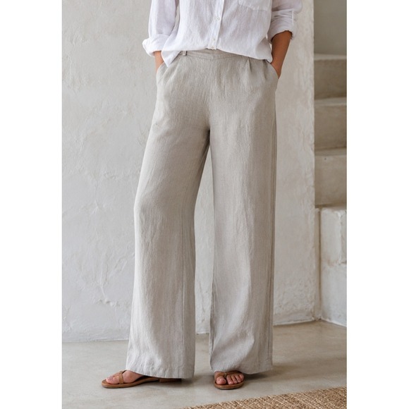 Flax Pants - Flax 100% Linen Wide Leg Pants Medium - Large Taupe Tan Elastic Waist Lagonlook